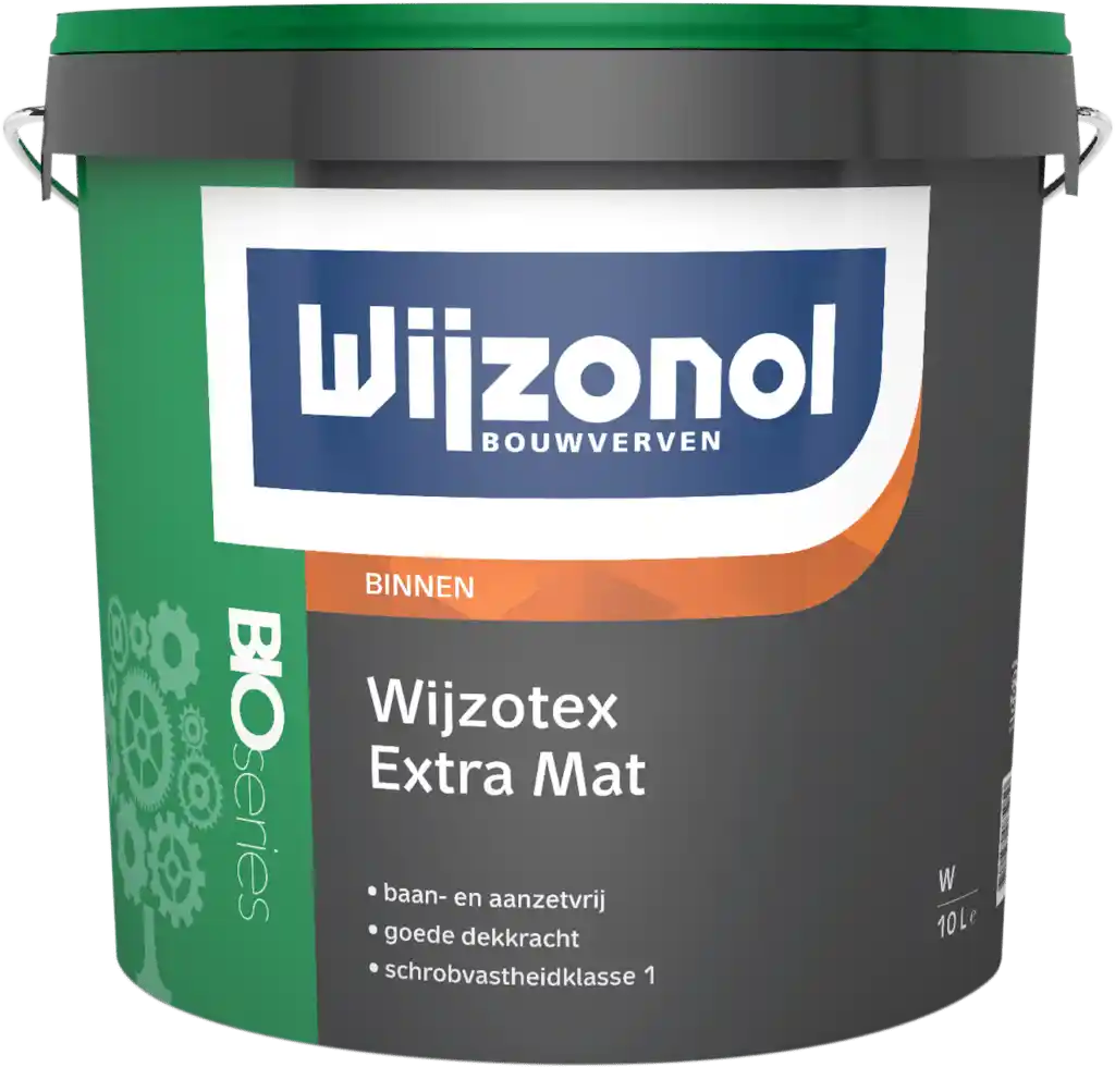 Wijzotex Extra Mat BIOseries Extra matte, oplosmiddelvrije, schrobvaste en aanzetvrije muurverf, op basis van een duurzaam verkregen bindmiddel. Baan- en aanzetvrij - Goede dekkracht - Schrobvastheid, klasse 1